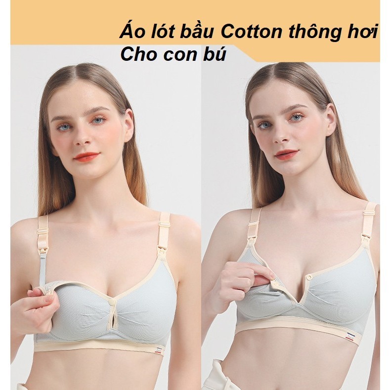 Áo lót bầu và sau sinh Cotton tăm thông hơi, có cúc mở ngang cho con bú, không gọng bản to, nâng đỡ bầu ngưc AL17