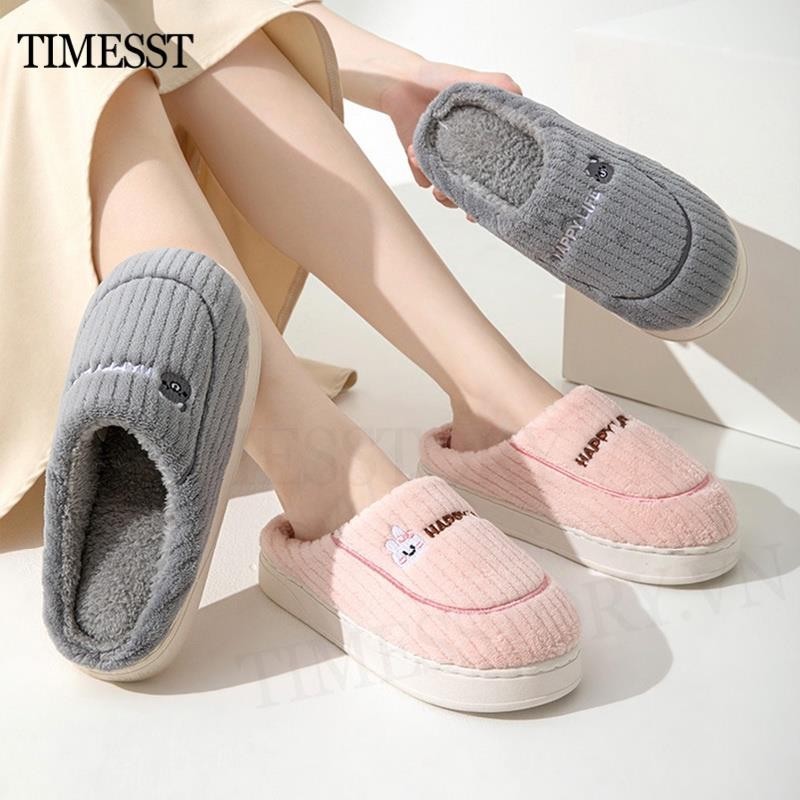 2024 Nữ Mùa Đông Flat Cotton Dép Đế Dày Thỏ Dễ Thương Lông Tơ Bên Ấm Áp Nhà Trong Nhà Giày Cặp Đôi Lông Tơ