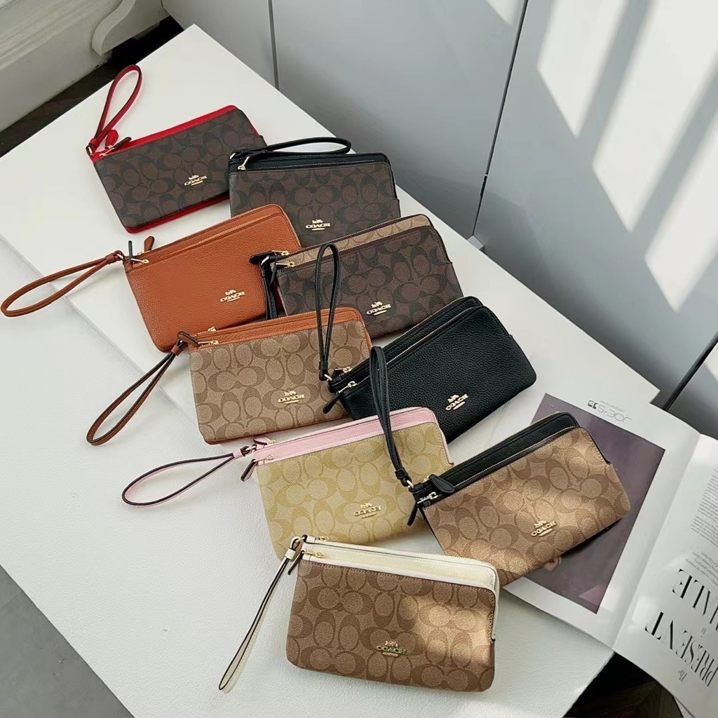 C5610 C5576 E2277 Nữ Túi Cầm Tay Ly Hợp Tiền Xu Ví Túi Đôi Dây Kéo Ngăn Màu Trơn Lão Thị