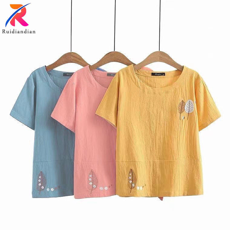 Ruidian Cotton Linen Áo Nữ Plus Size Vải Lanh Tay Ngắn Mẹ Áo M-4XL