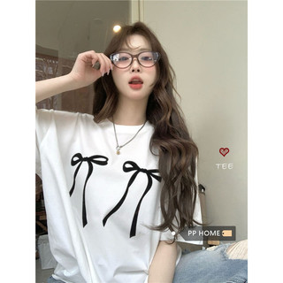 Áo thun ngắn tay in nơ nữ mùa hè dài vừa phải dáng rộng tất cả @