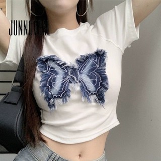 Áo thun nữ JUNNOVGAL Màu sắc tương phản Bướm cổ tròn Phong cách mới tay ngắn Slim Fit