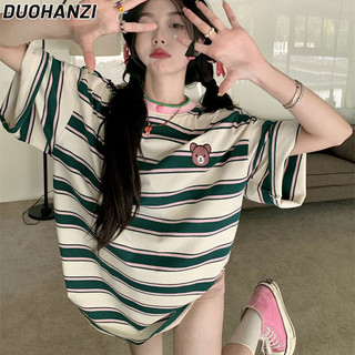 Duohanzi Áo thun ngắn tay sọc cổ tròn sọc màu retro Mỹ mùa hè ngọt ngào áo nửa tay rộng thùng thình mùa hè