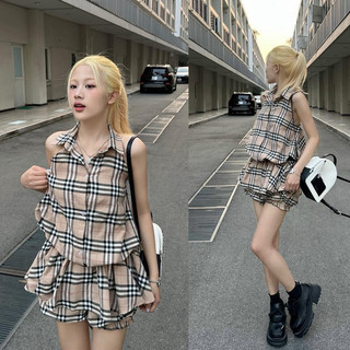 Set BBR áo kẻ cổ yếm sơ mi chun sau khoét lưng kèm quần short bom