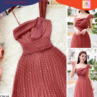 Hàng thiết kế xếp li trễ vai màu nâu đỏ sang trọng phù hợp dự tiệc, sự kiện, dạo phố DVC V4691