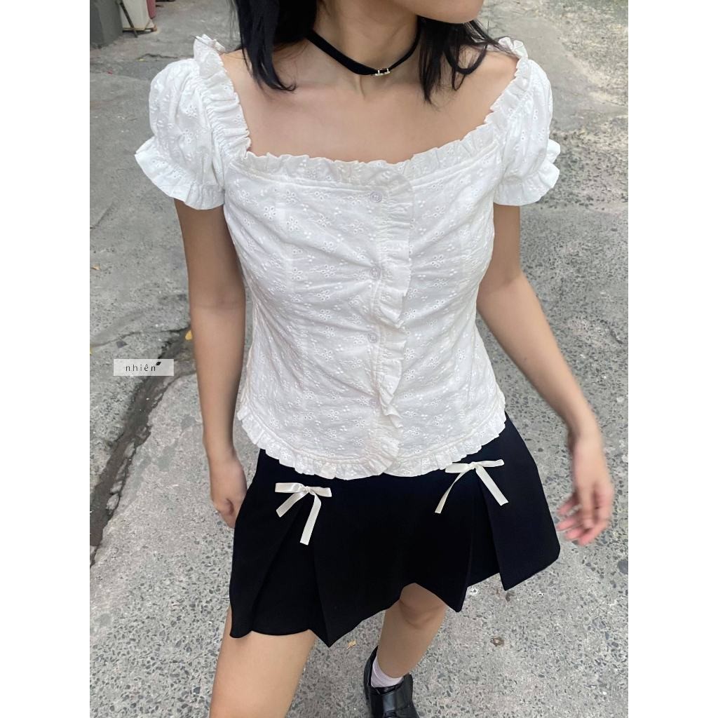 Áo kiểu nữ - áo xô trắng thêu hoa thiết kế trễ vai HAZEL nhiennhienvintage BA362