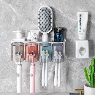 Giá để bàn chải kem đánh răng 2 cốc 3 cốc 4 cốc, kệ để đồ nhà tắm tiện lợi không cần khoan tường