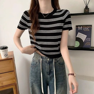C & M Nữ Cổ Tròn Tươi Màu Sắc Sọc Đa Năng Dệt Kim Tay Ngắn