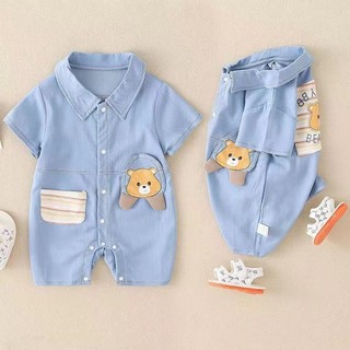 Bộ áo liền quần denim ngắn tay mùa hè siêu dễ thương cho bé trai Quần áo trẻ em 100 ngày mùa hè gấu ngắn tay quần áo ngoài trời hợp thời trang