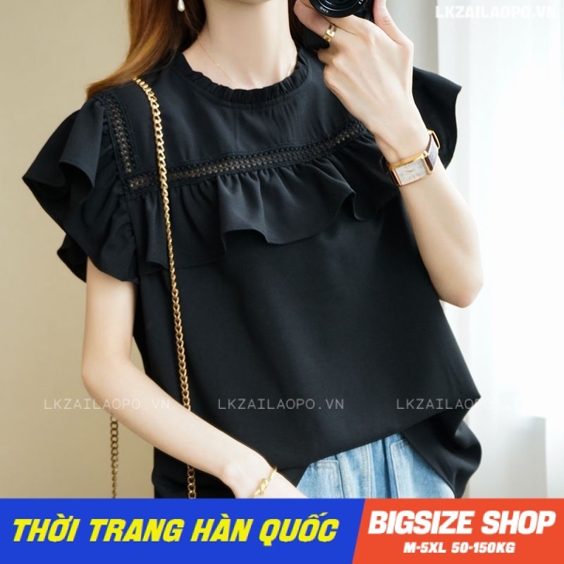 Áo sơ mi nữ tay ngắn Bigsize Áo kiểu tiểu thư form rộng cổ tròn đen bánh bèo mùa hè Phong cách Hàn Quốc Thời Trang đẹp