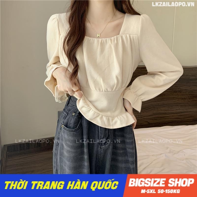 Áo sơ mi nữ tay dài Bigsize Áo kiểu tiểu thư form rộng cổ vuông trơn mùa hè Phong cách Hàn Quốc Thời Trang đẹp