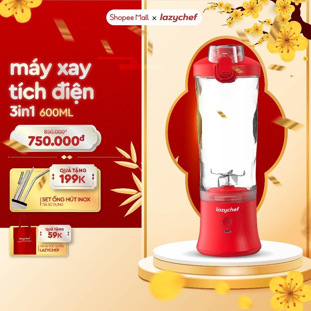 Máy Xay Tích Điện Đa Năng 3IN1 Lazychef - Máy Xay Sinh Tố Cầm Tay 3IN1 - Dung Tích 600ml