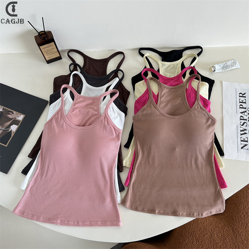 [Cagjb] Áo hai dây dây đeo Spaghetti dành cho nữ có đệm ngực Mùa hè Mỹ Retro Màu trơn không tay Slim Top YOMG