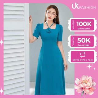 Đầm Xòe UK FASHION Thiết Kế Cổ Vuông Đính Hoa Thanh Lịch Chất Vải Nhập Hàn Cao Cấp Không Nhăn Xù NKDV2302005