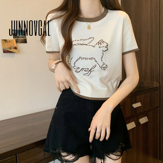 Áo thun nữ JUNNOVGAL 2024 Đan Retro Phong Cách Mới Tay Ngắn In Slim Fit Tất Cả Trận Đấu Màu Trơn
