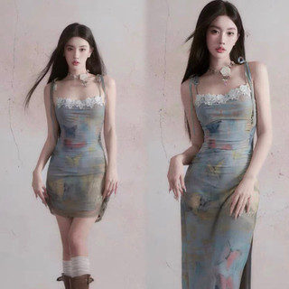 Shanmieleng Bướm Giấc Mơ Tranh Sơn Dầu In Váy Treo Kỳ Nghỉ Slim-fit Đầm