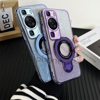 Ốp lưng giá đỡ sang trọng Huawei P60 P50 P40 P30 P20 PRO Vỏ điện thoại di động mạ điện Bao gồm mọi cạnh Vỏ mềm chống rơi với giá đỡ từ tính kim loại tròn