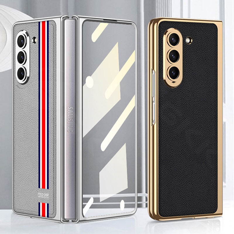 Ốp Lưng Chính Hãng Cho Samsung Galaxy Z Fold 5 5G Ốp Lưng Da Mạ Điện Có Màn Hình Kính Cứng PC Cho Ga