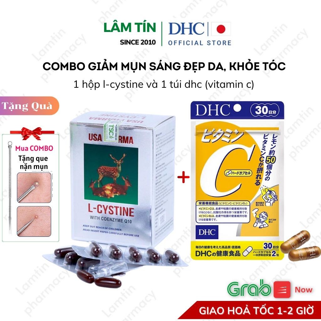 ✔(Chính Hãng) Combo trắng da Lcystine, DHC giúp đẹp da, giảm rụng tóc - Bổ sung vitamin C  ( 60 Viên )