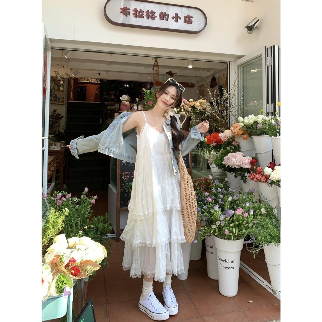 Xiaozhainv Quần áo nữ Hàn Quốc Váy ren trắng ngọt ngào sành điệu