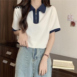 Lovito Áo thun có dây kéo màu trơn thông thường dành cho nữ LNE39539 (Trắng nhạt/Xanh lục/Xanh nước biển)