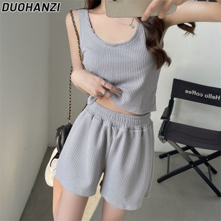 Duohanzi Tian-lianghaogeqiu Waffle vest quần thun lưng cao và bộ đồ ngắn hai mảnh thoải mái mùa hè