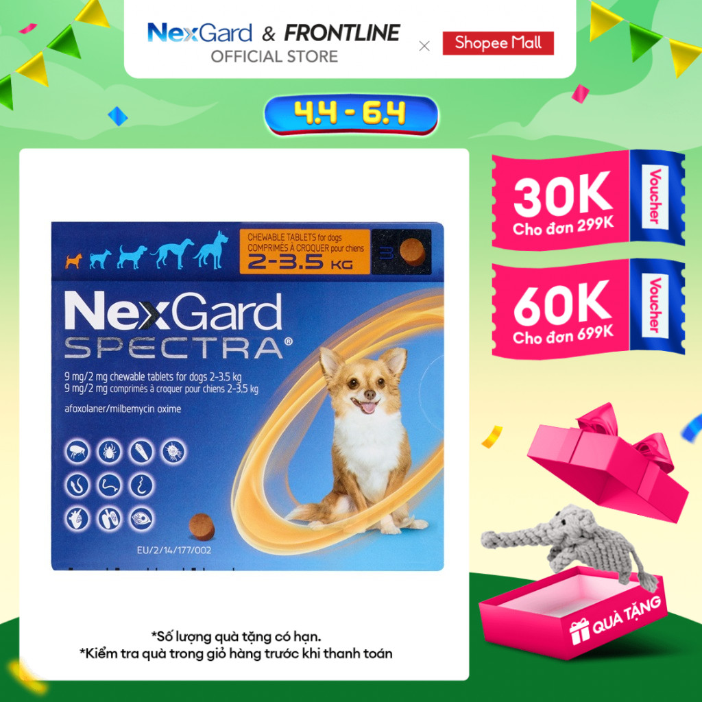 NexGard SPECTRA - Viên nhai phòng & trị nội, ngoại ký sinh  size XS