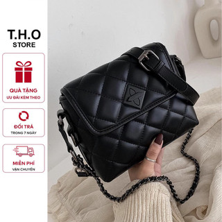 Túi xách nữ, túi đeo chéo khóa hoa đen trần chỉ sz20 K319