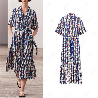 Mùa hè Phong Cách Mới Nữ Ve Áo Uốn Ngắn Tay Nơ Thắt Lưng In Hình Học 2183042