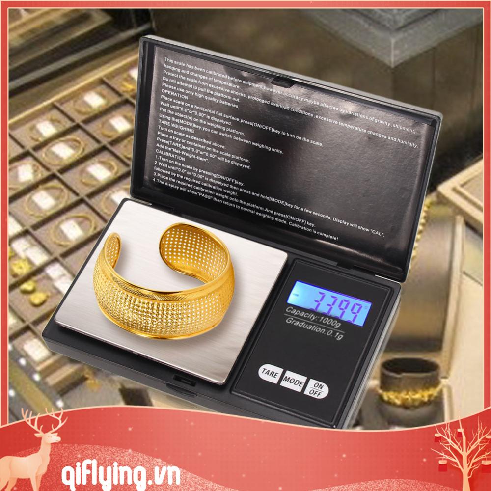 [Qiflying.vn] Cân kỹ thuật số 1000g x 0,1g Trang sức Vàng Bạc Đồng xu Gram Kích thước bỏ túi Thảo mộc