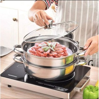 Nồi hấp inox 2 tầng đa năng, nồi hấp bánh bao, hấp trứng cao cấp nắp kính
