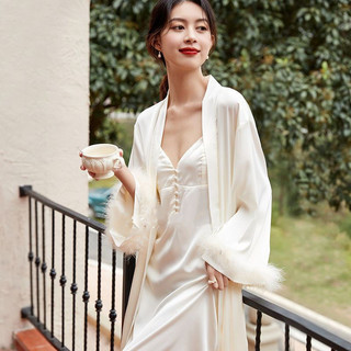 Cổ Tích Lông Tơ Bộ Đồ Ngủ Nữ Cưới Cô Dâu Độc Đá Niche Lụa Vòng Tay Lông Vũ Trang Trí Áo choàng Hai Mảnh Bộ