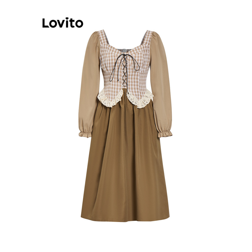 Đầm Lovito đan dây trước kẻ sọc vuông thường ngày cho nữ LNA21204