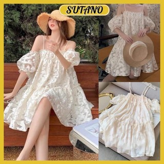  đầm hai dây babydoll đi biển váy 2 dây trễ vai hoa dập nổi tiểu thư xinh xắn bánh bèo đi du lịch V406 SUTANO 