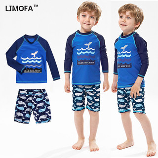 LJMOFA Đồ bơi trẻ em dài tay và thân ngắn Bộ đồ bơi đi biển 2 mảnh Đồ bơi chống nắng cho bé trai 4-11T