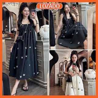 Váy hai dây LOZADO váy maxi 2 lớp họa tiết nơ dáng dài đi biển - V820