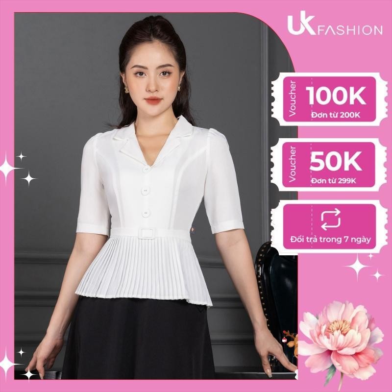 Áo ký giả nữ Peplum công sở Dập Ly UK Fashion Thiết Kế Tay Ngắn Bo Eo Điệu NKFSM2110001