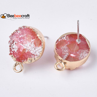 4 Vòng bông tai đinh tán bằng nhựa Druzy có chân thép và cạnh Vòng sắt mạ vàng nhạt Vòng phẳng màu đỏ Ấn Độ 18x13,5mm Lỗ: 1,8mm Pin: 0,6mm