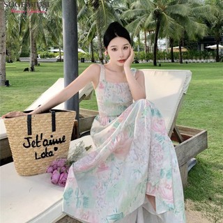 Sugemiusi Tranh Sơn Dầu Nữ Tính Sling Đầm Nữ Niche Thiết Kế In Váy Lớn Cổ Vuông Tính Khí Đầm Đi Biển Váy Nghỉ