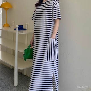 [Đầm Plus Size] (40-150Kg) Váy khâu sọc rộng mùa hè cổ tròn tay ngắn Pakaian Wanita HOJX