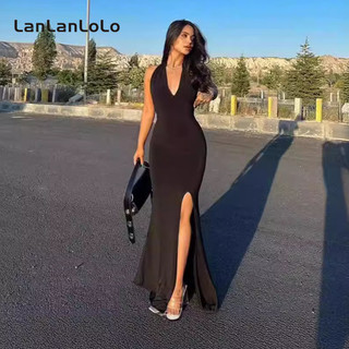 LanLanLo Nữ Màu Trơn Màu Thời Trang Cổ Chữ V Gợi Cảm Dây Lưng Slit Thường Ngày Đầm Dự Tiệc Mỏng