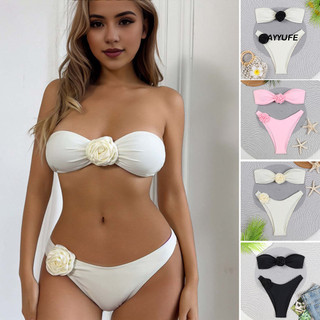 Ayyufe 2 Cái / bộ Bộ Bikini Gợi Cảm Nữ 3D Hoa Bandeau Áo Ngực Eo Cao Bộ Quần Đùi Nhanh Khô Đồ Bơi Bộ Đồ Tắm