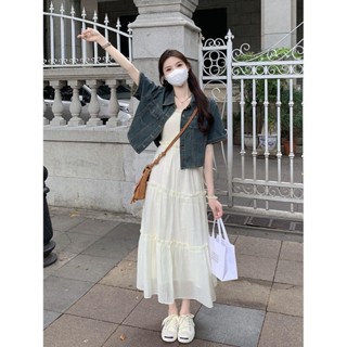 Bộ Áo Khoác Ngắn Denim Cổ Điển, Váy Phong Cách Ngọt Ngào, Bộ Hai Chiếc, Váy Hai Dây Xếp Ly Mẫu Mới Mùa Hè Của Phụ Nữ