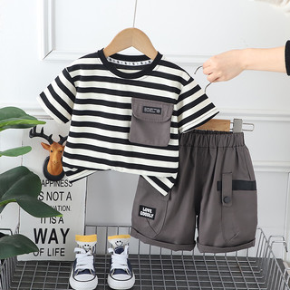 Áo thun ngắn tay sọc Cotton + quần Short Bộ 2 món mùa hè cho bé trai hoạt hình ô tô Pyjama Bộ đồ thể thao thông thường Bộ đồ quần áo 0-6 tuổi
