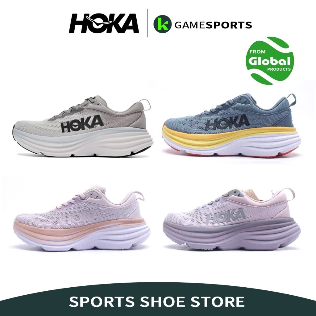 Hoka one bondi 8 đệm tối đa và giày chạy bộ thoải mái dành cho nam nữ giày thể thao bền thoáng khí màu xám / xám đậm / mơ / tím / tím &amp; hồng