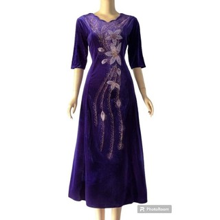 Đầm dạ hội trung niên sang trọng vải nhung hoa ép đá bigsize 75kg, Đầm trung niên dự tiệc sang trọng vải nhung kết đá