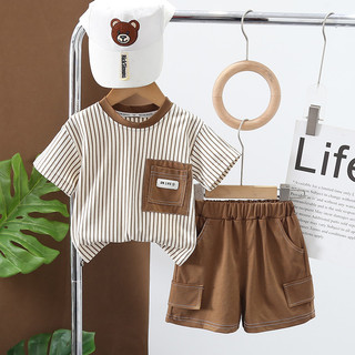 Quần áo bé trai Quần áo thể thao Bộ đồ thể thao Áo thun sọc chủ động + quần short Bộ quần áo trẻ mới biết đi