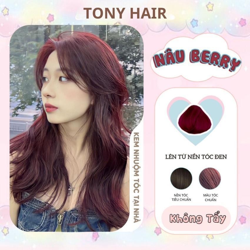 Thuốc nhuộm tóc Nâu Berry , không tẩy lên từ nền đen, tặng kèm trợ nhuộm và găng tay | Tony Hair