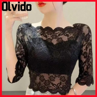 Áo crop top nữ OLVIDO, Áo kiểu nửa tay xuyên thấu cổ một chữ, Áo chui đầu ren thêu thanh lịch mùa hè