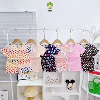 Đồ Bộ Cộc Tay Bé Gái KIMCHIBABY Vải Cotton Borip Dư Xịn Hoạ Tiết Trái Tim Đính Nơ, Bộ Quần Áo Cho Bé Mặc Nhà KC305